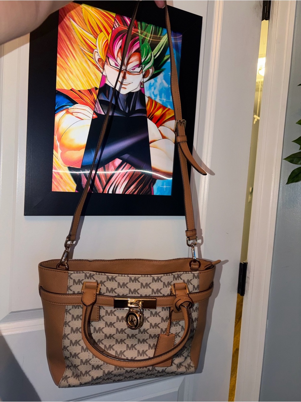 Michael Kors Tan and Beige MK Monogram Shoulder Bag